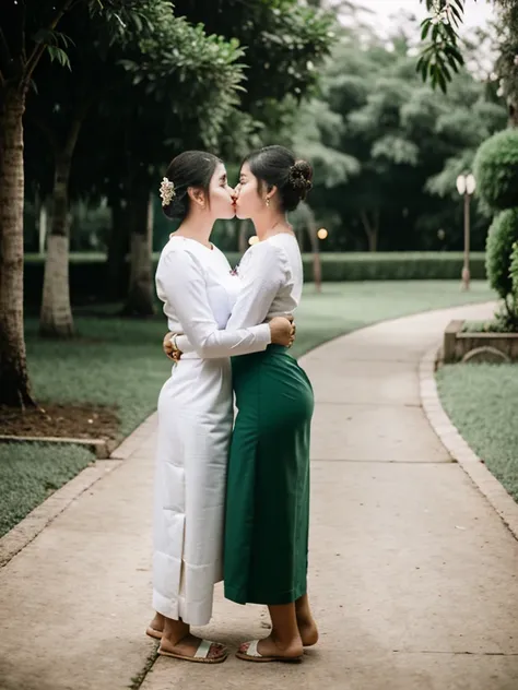 Yangon in 2 girls who gets married and stands in front of many people, kissing.Burmese traditional wedding.Tall, thin, big hips, big breasts, black hair, small lips, brown eyes, attractive, 64K.Top=white Burmese blouse,With long sleeves,Buttoned at the sid...