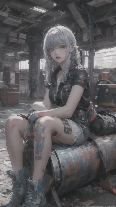 ((Highly detailed CG unit 8k wallpaper, masterpiece, High resolution, highest quality)), (Woman sitting on a rusty oil can, beautiful woman with medium hair, Nana Komatsu, (full body shot), put one&#39;s hand in one&#39;s pocket:1.5, Cyberpunk fashion, Wea...