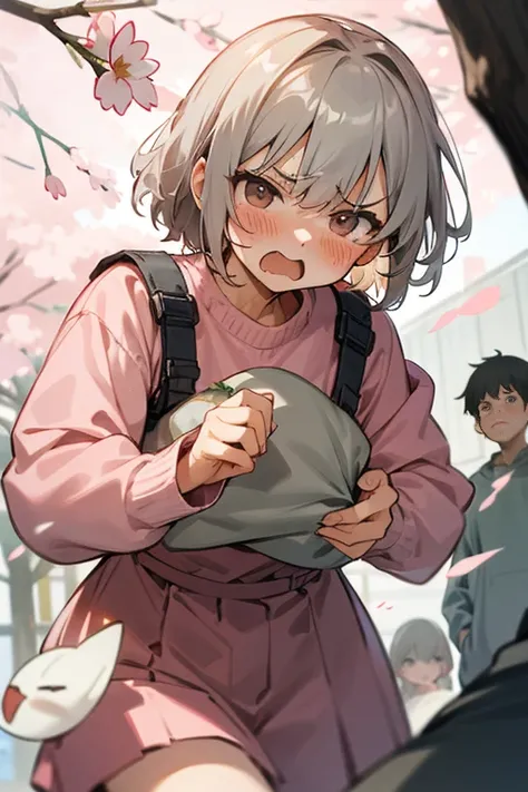 short gray hair, blush, spring clothes、cute、anger、Gets angry violently、