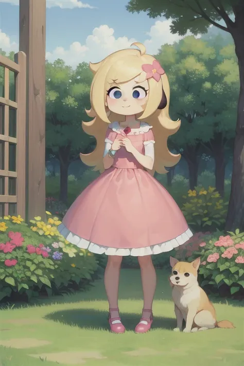 pastel color, yellow hair, pink dress, pink shoes Pinto, Orange  Blonde hair, Dog  Canine pink nose  at a garden with flowers