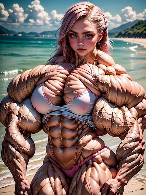 (1 girl:1.25), (cara delevingne:1.25), (a photo of a bodybuilder girl wearing latex panties on the beach:1.25), (long pink hair:1.25), (huge upper body:1.25), (wide shoulders:1.25), (huge muscular arms:1.25,) (10-pack abs:1.25), (lots of veins:1.25),Realis...