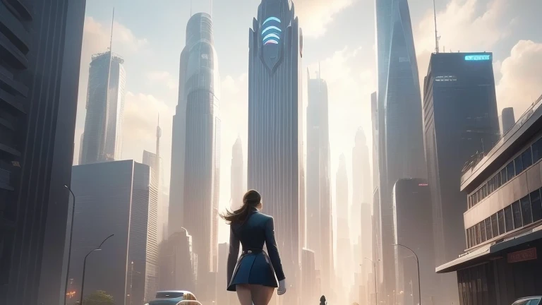 There is a woman walking down the city street, in a futuristic city, human future city, In the city of the future, Syd Mead and Raphael Lacoste, In front of the SF cityscape, background skyscrapers, Futuristic city in the background, Dystopian digital conc...