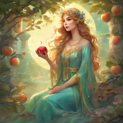 Girl holding an apple、lovely、Innocence remains、long hair、bangs,botanical、very delicate、gentle color、soft colors、fortune teller、sunlight filtering through the foliage、tarot cards、surrounded by flowers、pale colour、green jadeite、blue color、smile、sun、moon