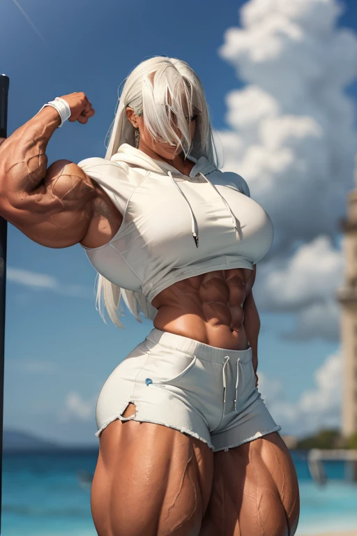 ((((Massive tall, beautiful, buff, brown skinned muscular woman with white hair, ginormous muscles, flexing biceps and wearing a white cropped hoodie with dolphin shorts)))), close view, massive muscle, massive biceps, hyper muscle shoulders, ((massive mus...