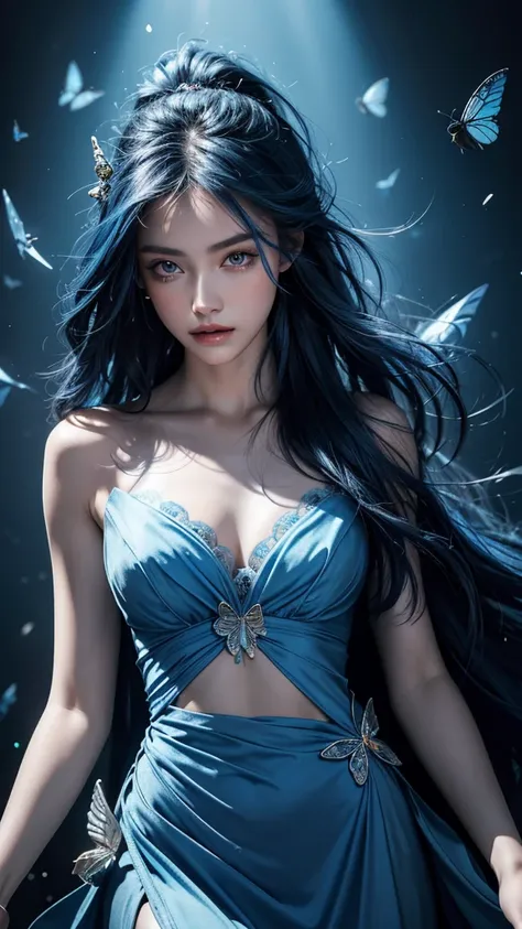 8k, ultra hd, masterpiece, 1 girl, detailed face, detailed eyes, very long hair, messy hair, blue hair, legendary dress, blue dress, bare waist, high lighting, glowing butterfly, lighting on face, legendary background,