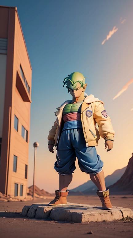 masterpiece, best quality, 8k, cinematic light, ultra high res, chibi, 1boy, Piccolo from dragon ball z, shorts, jacket, shoes, brown eyeull body:1.2), freckles, standing,