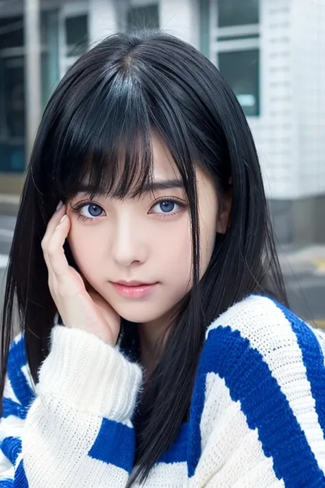 black hair　Blue and black eyes　have bangs　Young and cute Korean face　white sweater　anime