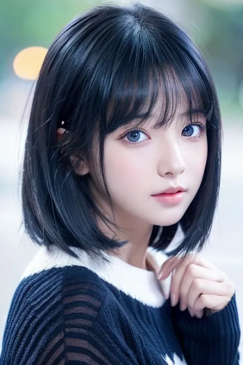 black hair　Blue and black eyes　have bangs　Young and cute Korean face　white sweater　anime