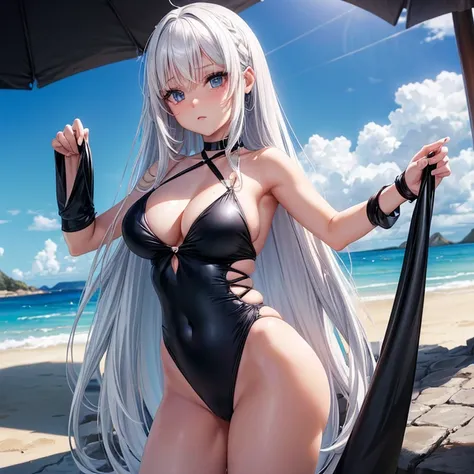 ((Una mujer)) ((de cabello largo hasta la cintura)) ((ojos azules)) ((piel blanca)) ((wears a black swimsuit)) ((tiene bastantes tetas)) ((que se pose en la playa)) ((cabello blanco)) ((chica anime)) ((ririka momobami)) 