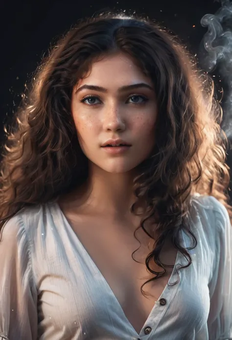 rmx, Close-up, beautiful girl, physical rendering photo of an 21 year old girl, curls, freckles, unbuttoned, white blouse, black background, light on face, dream, magical atmosphere, cinematic lighting, embers, fantasy, action pose, mist, CRU photo, 8k uhd...