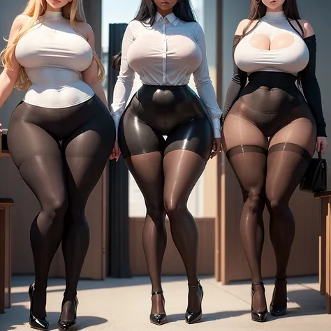 five 18 year old girls, massive breasts, massive hips, massive thighs, massive calves, slender waist, white shirt, wet shirt, empty classroom, playful, hourglass figure, shiny black pantyhose, exposed breasts, exposed ass, high heels with ankle strap, deta...