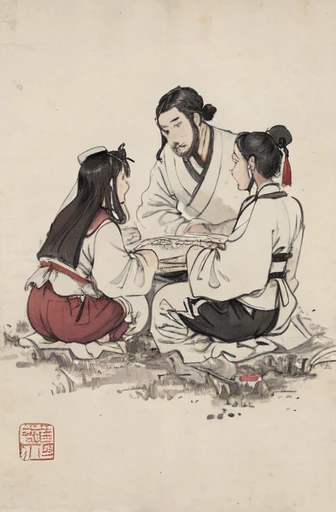 (masterpiece, highest quality: 1.2), traditional chinese ink painting, two children