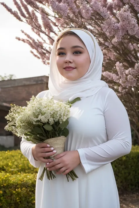 ((best quality)), ((masterpiece)), ((detailed)), ((a 25 year old chubby girl)), white loosely gamis dress with gold colour lace, (smiling:0.6), long sleeve, white hijab, white shawl, ((no visible hair)), pink flowers crown, scattered luminous petals, yello...