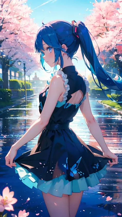 1 anime girl, alone,Black petals flutter, A mysteriously shining butterfly.city,Hatsune Miku,bright blue hair,bright blue jewel eyes,twin tails,thin legs,very clear,highest quality,close up of face,Many cherry blossoms dancing in the sky,beautiful blue sky...