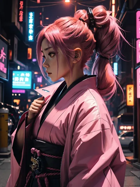 1girl,Samurai,(masterpiece), anime, (photo_(medium):1.0), orange eyes, ponytail, pink hair, cyberpunk, japanese clothes