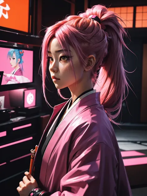 1girl,Samurai,(masterpiece), anime, (photo_(medium):1.0), orange eyes, ponytail, pink hair, cyberpunk, japanese clothes