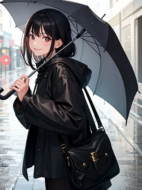 1girl, masterpiece, rain, black hair, brown eyes, smiling, raincoat, holds umbrella, convention store