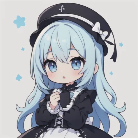 girl, long eyelashes,black gothic lolita,light blue long hair, big eyes, light blue eyes, black hat