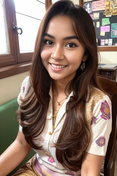 (best quality,4k,8k,highres,masterpiece:1.2),ultra-detailed,(realistic,photorealistic,photo-realistic:1.37),beautiful Indonesian woman with gorgeous eyes and long black hair,classroom setting with a blackboard and desks,sparkling eyes,big and bright smile,...