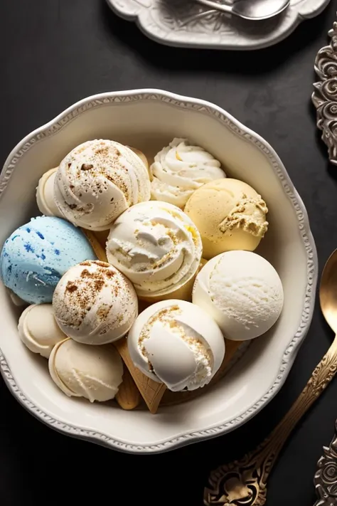 ice cream, Vanilla Bean, Ice cream container, Ice cream scoop, intricate details, dark background, HD. photography, table, from above, UHD, high details, 4K, highres，Plating