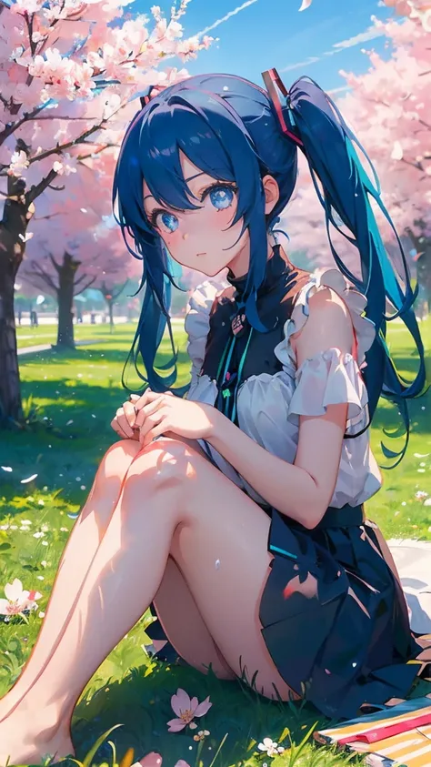 1 anime girl, alone,Black petals flutter, A mysteriously shining butterfly.city,Hatsune Miku,bright blue hair,bright blue jewel eyes,twin tails,thin legs,very clear,highest quality,close up of face,Many cherry blossoms dance in the sky,beautiful blue sky,t...