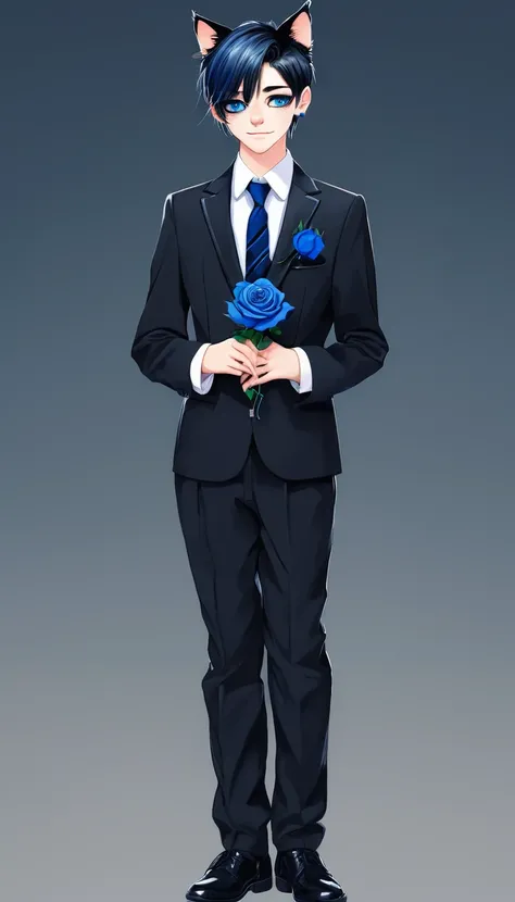 Draw a teenage boy in a suit and tie, full body, with a cat ears and a piercing, holding a blue rose