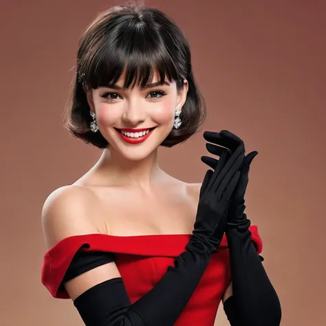 Masterpiece, Improved quality, High quality, Good anatomy. Well-formed hands,cHealthy body, Intact fingers, Normal digits, perfect body, full body in image, short hair with bangs to the right, off shoulder black red dress, Elbow-length gloves, crystal earr...