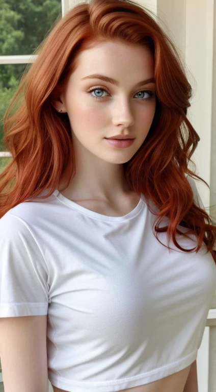 1 fille dans, 19 ans, seulement, Aesthetic work, rousse irlandaise, wavy red hair, cheveux roux mi-longs, Yeux bleu clair, yeux gris clair, quelques petites taches de rousseur, pale skin, gros seins, corps de gymnaste, gros cul, photo de tout le corps, pea...