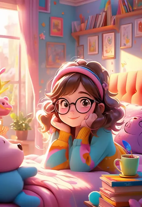 best quality, masterpiece, ultra-detailed, cute and charming, dynamic and playful, illustration, 1 girl, solo, long brown hair, cute glasses, Pixar style cartoon, cute room, pink furniture, pink nightstands, pink lamps, dream girl posters, bookshelves full...