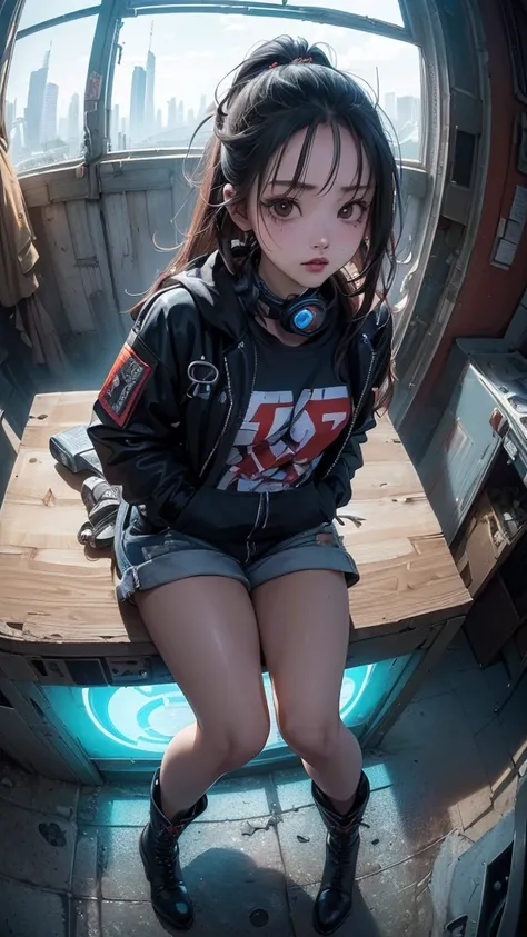 ((Highly detailed CG unit 8k wallpaper, masterpiece, High resolution, highest quality)), (Woman sitting on a rusty oil can, put one&#39;s hand in one&#39;s pocket:1.5, medium hair, Nana Komatsu, Cyberpunk fashion, Wearing micro mini shorts:1.2, wearing boo...