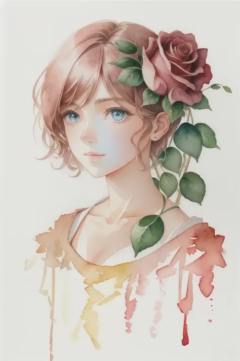 ( watercolor (half), Drawing, Beautiful rose.