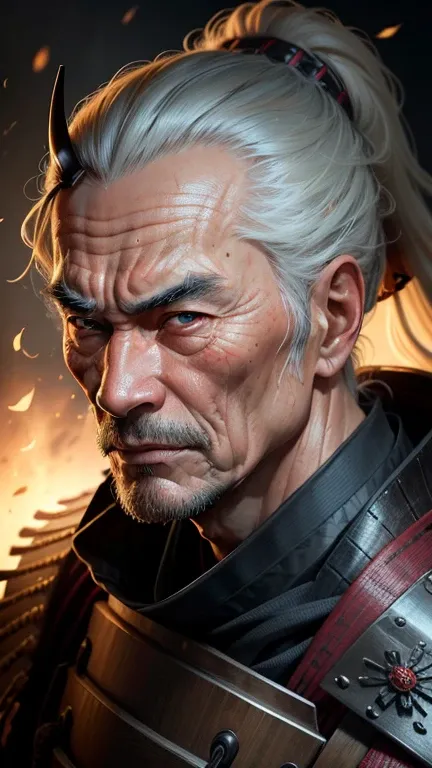 Realistic ultra HD close-up portrait，A samurai wearing a war mask, Wrinkles ,Facial expressions show strong emotions , full body 