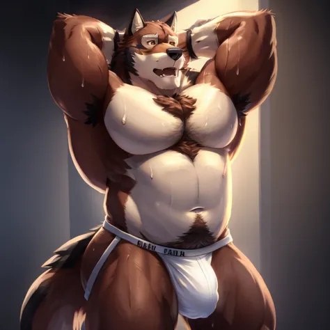 Leo Alvarez, big butt, jockstrap, portrait, bara, arms behind head, armpits, hairy armpits, solo, wolf tail, ((detailed face), (detailed eyes:1.0), detailed)), thick thighs, daddy, 4k, HI res, by otake, BARA pecs, 5 fingers, sweat, hd, brown eyes, masterpi...