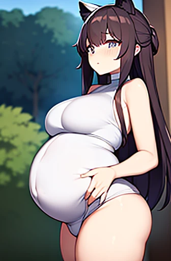 pregnant with many girls, Have cat ears,Pregnant, childbirth, work、A belly so huge that it can&#39;t exist in reality、Belly on the verge of bursting、Looks very painful、small face、Giant belly、Big belly、、masterpiece、embarrassed look、Are fat