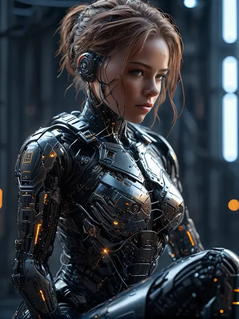 A cinematic photo shoot of gorgeous female military soldier cyborg, metal cable wires, cybernetic circuits, hugging knees wishing her original beautiful body back, negative face emotion, detailed face, volumetric light, insanely detailed and intricate, ult...