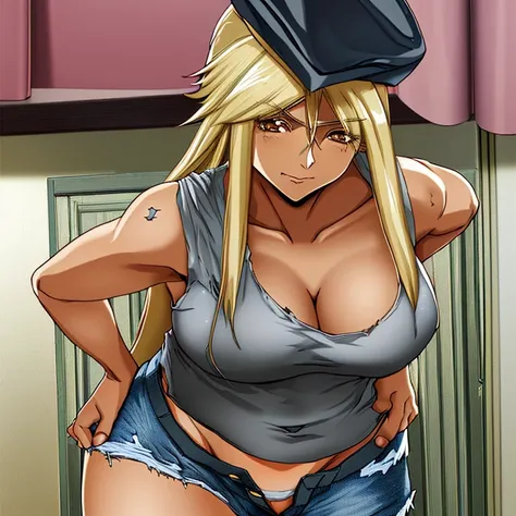 One mature woman, long-haired blonde beauty, smitten face, beautiful anime face, black police hat, white tank top, long hair, navel visible, sexy pose, nice body, ripped denim shorts, crotch emphasis, bedroom, only one person in the room