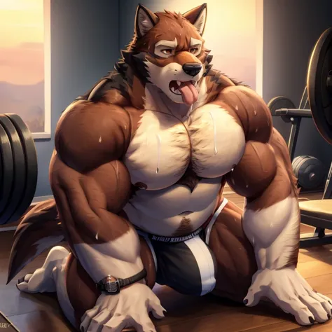 Leo Alvarez, big butt, jockstrap, portrait, bara, all fours pose, solo, wolf tail, ((detailed face), (detailed eyes:1.0), detailed)), thick thighs, daddy, 4k, HI res, by otake, BARA pecs, 5 fingers, sweat, hd, brown eyes, masterpiece, big PECS, chest hair,...