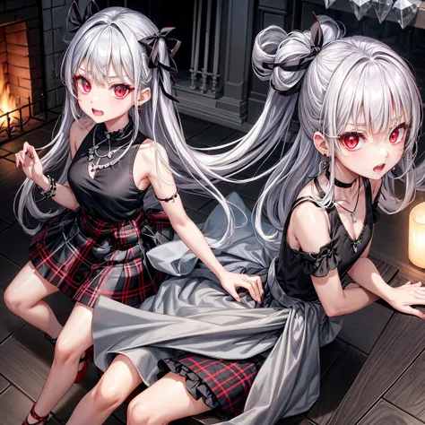 silver hair、red eyes、one good looking girl、solo、anime、plaid mini skirt、black camisole、black t-shirt、dress、wearing a ribbon、ribbon at waist、crystal earrings、jewelry necklace、Light and shadow、tilting one&#39;s face、teeth are visible、pillar、skylight、fireplace...