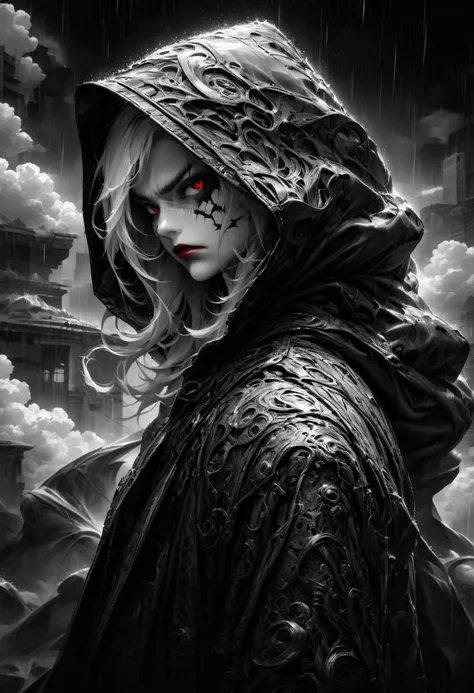 long white hair, red eyes, red lips,serious expression, strong dark makeup, sharp chin, extreme detailed skin BREAK black leather coat with hood, hood up, detailed clothes texture, BREAK, looking away, clouds, rain, modern city background, detailed backgro...