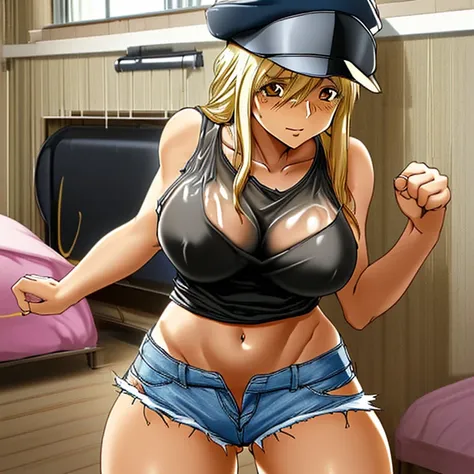 One mature woman, a lovestruck face, a long-haired blonde beauty, a cute anime face, a black police hat, a white tank top, see-through breasts, a bare navel, a sexy pose, ripped denim shorts, emphasis on the crotch, a bedroom, there&#39;s only one person i...