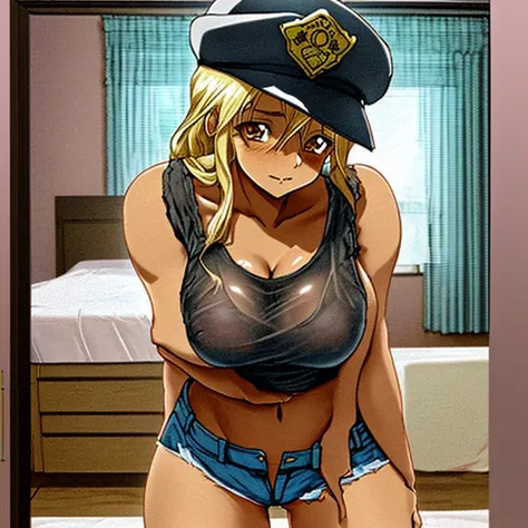 One mature woman, a lovestruck face, a long-haired blonde beauty, a cute anime face, a black police hat, a white tank top, see-through breasts, a bare navel, a sexy pose, ripped denim shorts, emphasis on the crotch, a bedroom, there&#39;s only one person i...