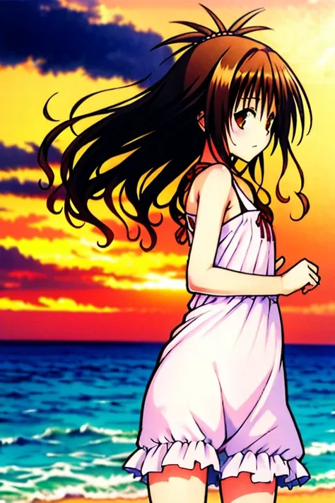 on the beach at sunset、please draw an illustration of a woman that gives you a summer feel.。she stands on the shoreline、watching...