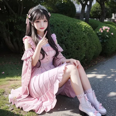 best quality, delicate face，beautiful visual work,lifelike，1 girl, eternal, black hair, Long curly hair, blunt bangs, Smile, pink skirt, pink lolita dress, layered skirt, Lolita style long skirt,分層連衣裙 lace-trimmed 裙子, decorate, lace, long sleeve, puff slee...