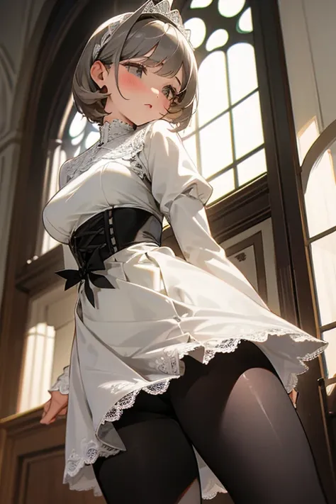 short gray hair, blush, maria teresa、White Lace Tops、black tight skirt、elegant、sexy、