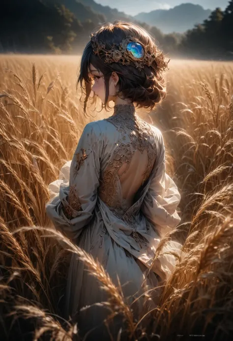 girl, from behind, walks through a wheat field, in the middle, with her the arms caress the ears, wonderful, landscape that inspires calm and relaxation, professional photo, advertising campaign, winning photo that inspires calm and relaxation, advertising...