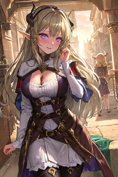 (Masterpiece, top quality, super detail: 1.2), 
Lens flare, 
Medieval European night town, 
Female adult elf with devil wings, dark blond hair, purple armor dress, devil horns, shy face, 
(dynamic angles, dynamic pose: 1.2), 