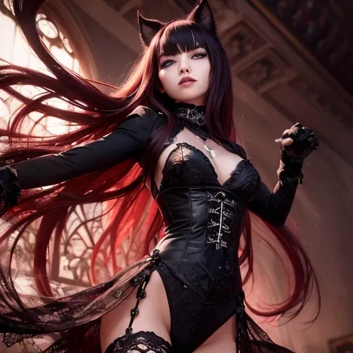 (((full medium shot))), (Masterpiece, photorealistic, photorealism, best quality, ultra-detailed:1.3), (nice hands, perfect hands), official art, cinematic light, (1girl:1.3), adult, Neko cat girl, dark gothic style, ornate costume jewelry, palette of blac...