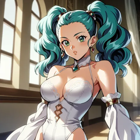 (by yag:1.1), score_9, score_8_up, score_8, source_anime, 80s anime style, anime screencap, anime coloring, 
1girl, intricate high detailed body, 
aqua hair, forehead, hair slicked back, twintails, wavy hair, 
green eyes, cute lips, 
slender, large breasts...