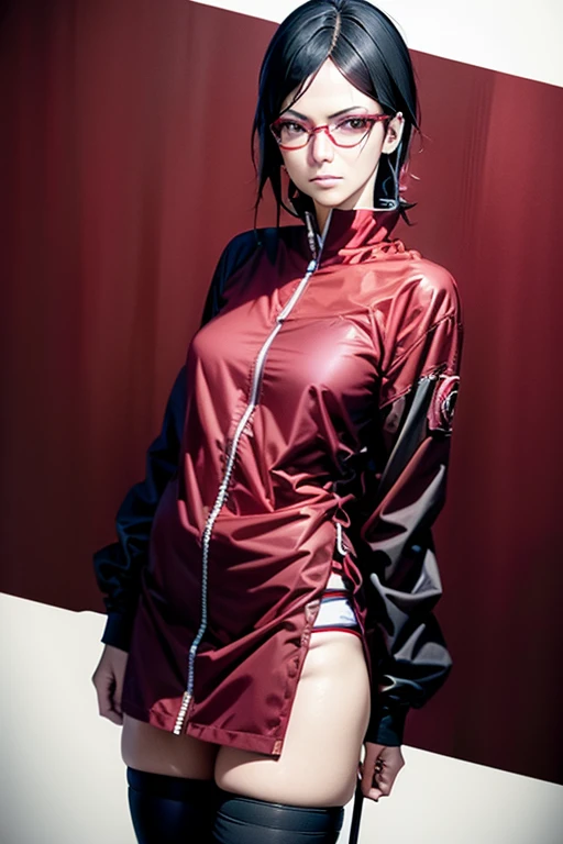 1girl, uchiha sarada, wearing red glasses, black hair, black eyes, full body, high res, hyper realistic, ultra detail