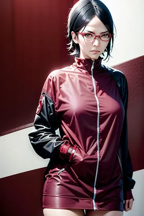 1girl, uchiha sarada, wearing red glasses, black hair, black eyes, full body, high res, hyper realistic, ultra detail